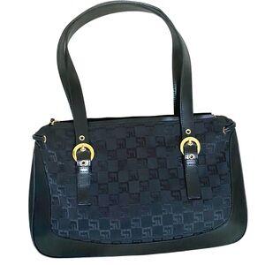 ST. JOHN Black Logo Embossed Canvas Leather Trim Shoulder Bag Purse Handbag